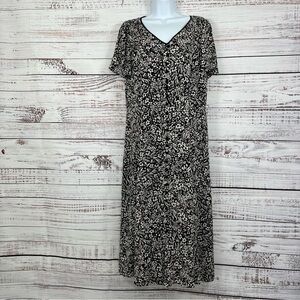 Talbots Black Print V Neck Fit & Flare Dress